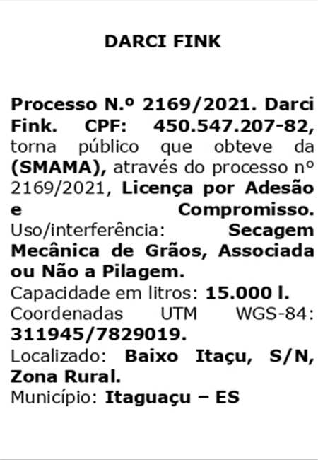 LICENÇA AMBIENTAL OBTIDA - DARCI FINK